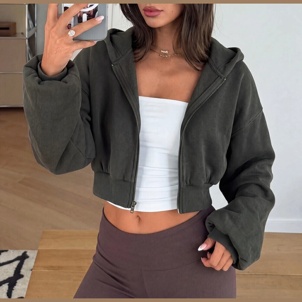 Olive Brown Knit Zip Front Cropped Hoodie Jacket with Ribbed Trim